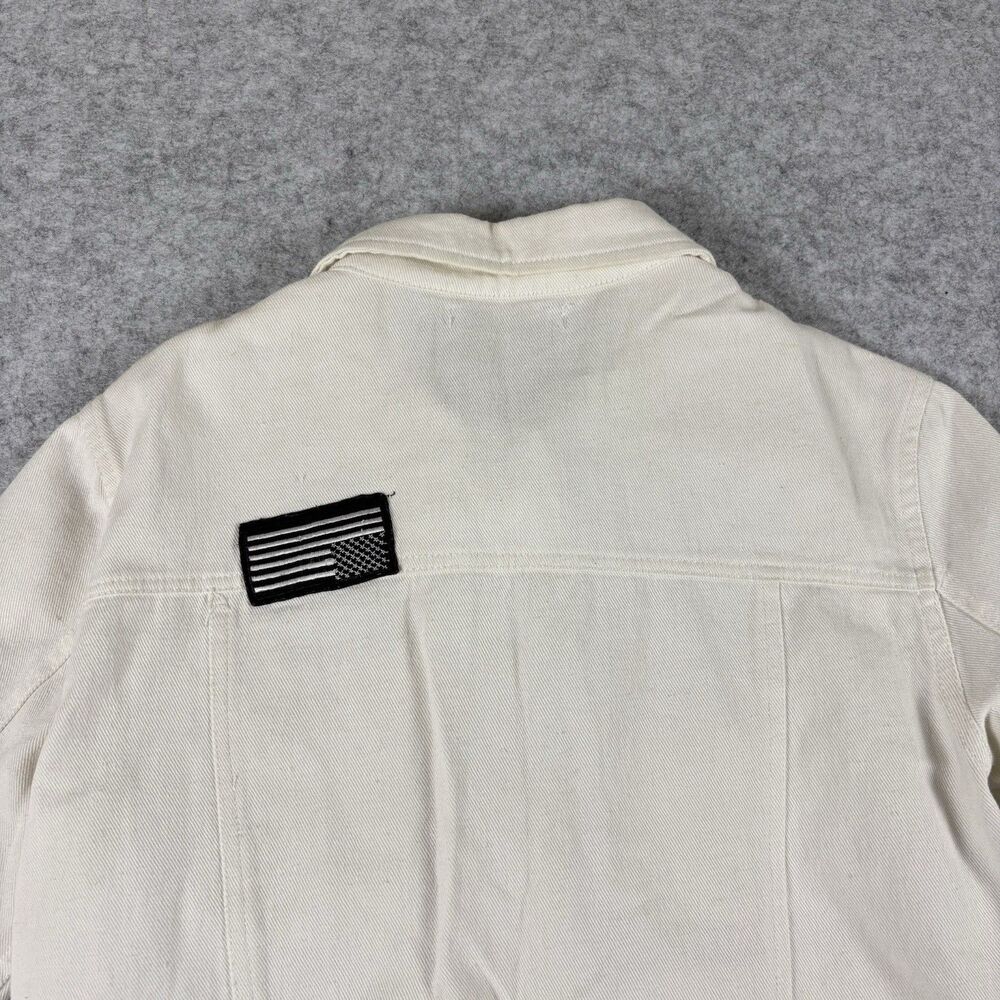 XACT Womens Small White Button Up Denim Jean Jacket w/ Allover Patches - FLAWED - Picture 12 of 16